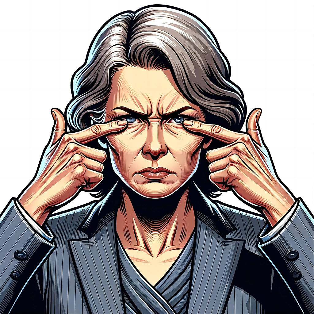 DALL·E 2024-03-02 16.14.05 - A professional illustration of an older female character making a squinting gesture by stretching the skin around their eyes with both hands. The char(1).jpg,0