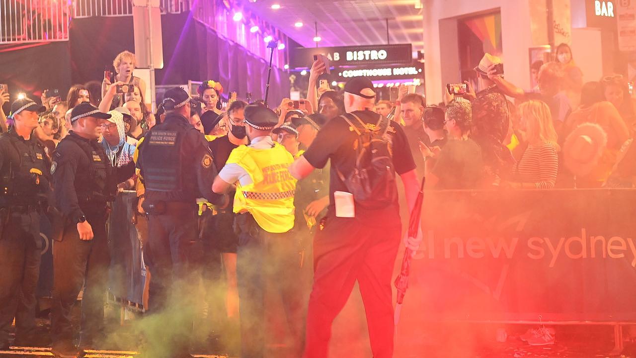 The group were seen letting off flares as police raced to control the chaos. Picture: NCA NewsWire / Jeremy Piper
