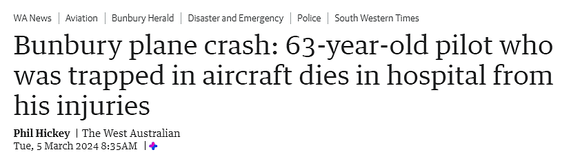 西澳发生坠机事件，68岁飞行员重伤身亡（图） - 1