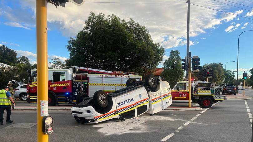 A police car has been T-boned and rolled onto its roof in Perth’s south. A WA Police spokeswoman said the police vehicle was T-boned at the intersection of Canning Highway and Thelma Street in Como at about 5.55am on Friday. Lauren Price