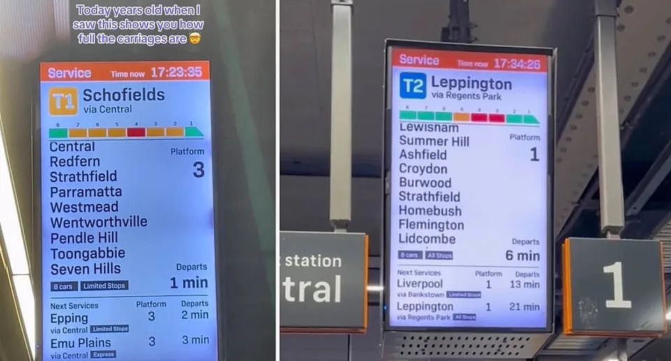 Screens on platforms at Sydney train stations. 