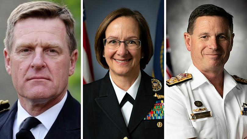 UK’s First Sea Lord Admiral Sir Benjamin Key, US chief of naval operations Admiral Lisa Franchetti and Australian head of navy Vice Admiral Mark Hammond. 