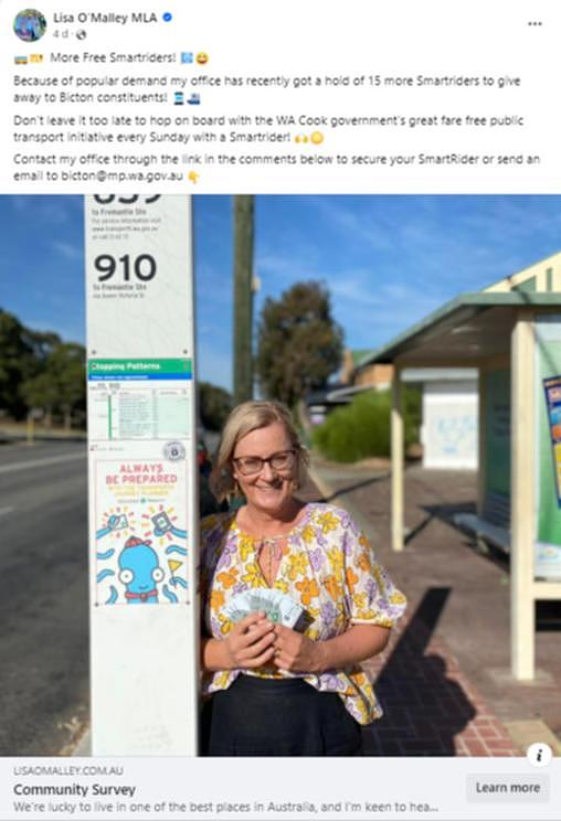 Dozens of Labor MPs’ social media pages are littered with posts spruiking the free cards, while at least two — Bicton MP Lisa O’Malley (pictured) and Bateman MP Kim Giddens — required constituents keen to get their hands on a SmartRider to fill out a “community survey” that included providing their email, phone number, and physical address.