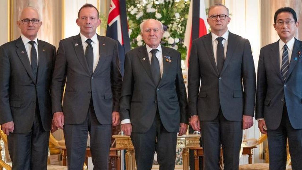Mr Albanese flanked by three Liberal prime ministers during the trip. Picture: PMO via NCA NewsWire