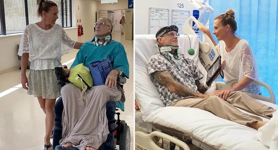 Dean Amos in a neck and back brace in hospital with wife Becky. 