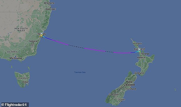 The flight path of Latam Airlines' LA800 Dreamliner service from Sydney to Auckland is pictured
