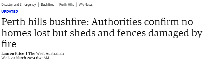 650公顷土地被烧毁！珀斯山火连烧20小时，当局警告：这些地区居民受到威胁（组图） - 1