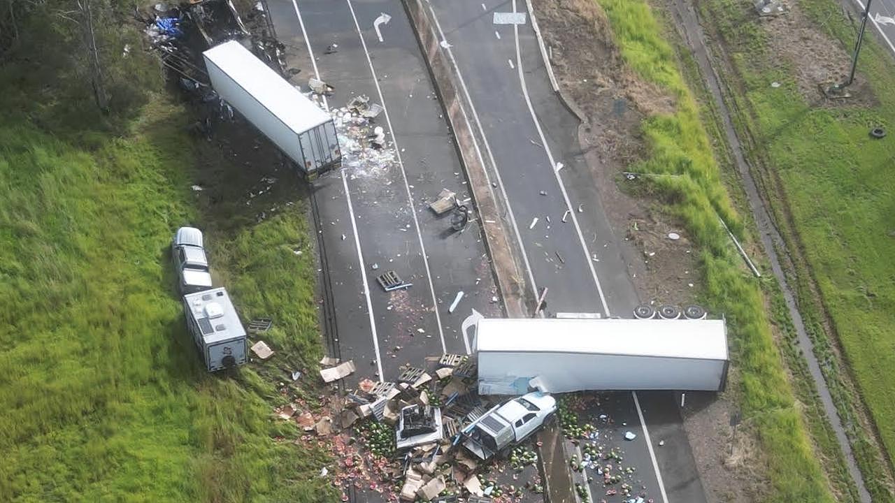 The devastating scene in which at least three people have died in a five vehicle crash on the Bruce Highway near Maryborough. Photo: Michael O’Connor