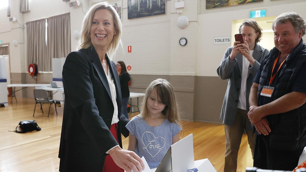 Rebecca White, voting with her daughter Mia 7 on Saturday, has decided to stand down as Labor leader in Tasmania after failing to win Saturday’s state election. Picture: NCA NewsWire/Nikki Davis-Jones