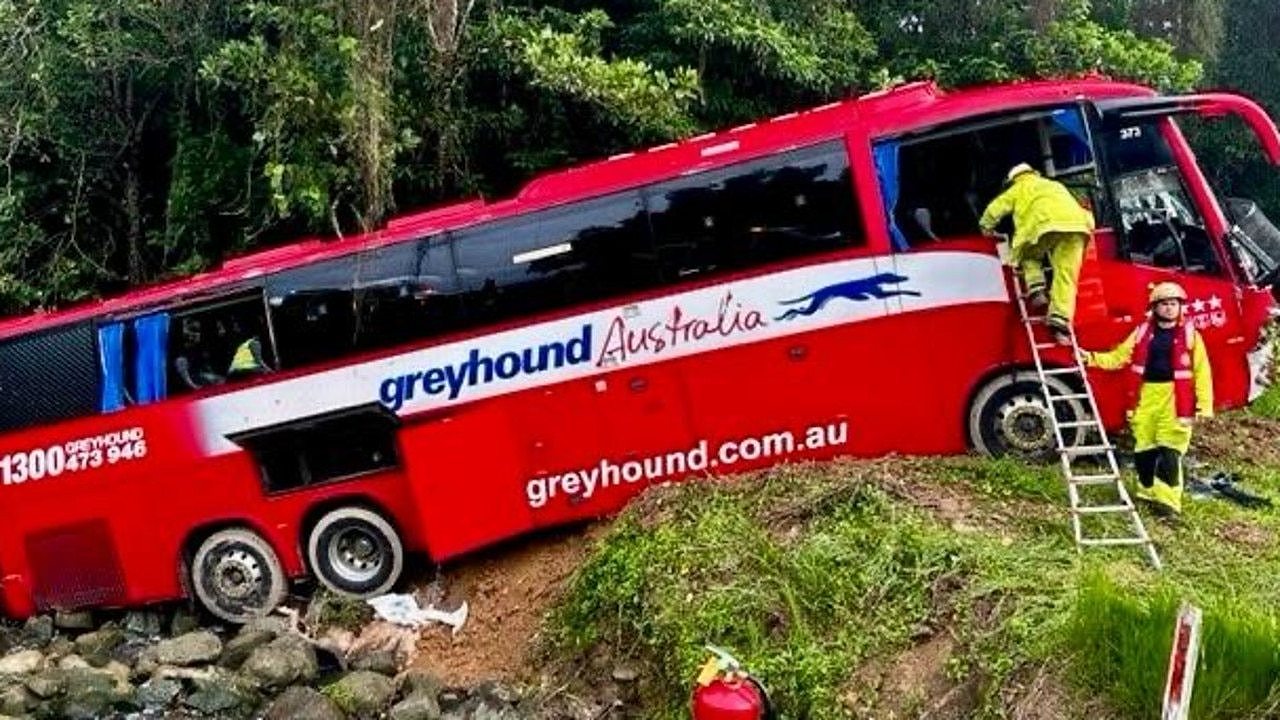 Fifteen people were on a Greyhound tourist bus when it crashed off the Bruce Hwy down an embankment. Picture: Supplied