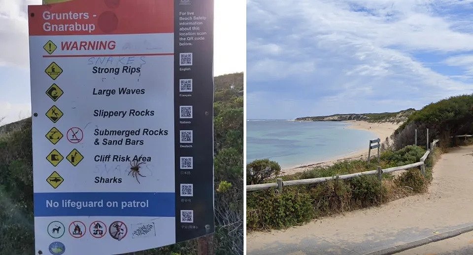 最“典型的澳大利亚”标志包括“强撕裂”和“鲨鱼”（左）等警告。这个标志是在西澳的格纳拉巴普海滩发现的。