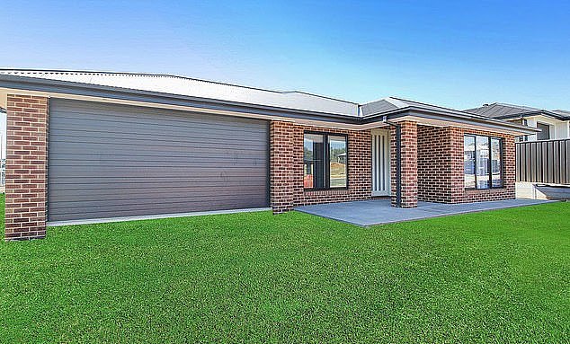 A listing for a newly built, $670 per week rental in Leneva, in northern Victoria, shows lush green grass outside the home which is photoshopped