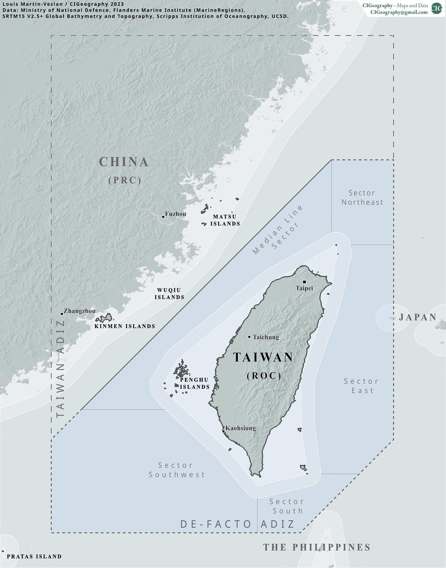 基于台湾国防部2023年4月的简报，显示台湾实际防空识别区地图。