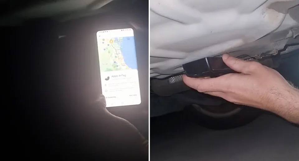 Left, Cheetah's partner's phone with the tracking device alert. Right, the tracking device attached to their Mazda 2's fuel tank.