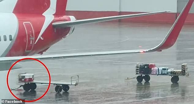Suitcases and a pet crate were seen left on trolleys on the tarmac next to a Qantas aircraft