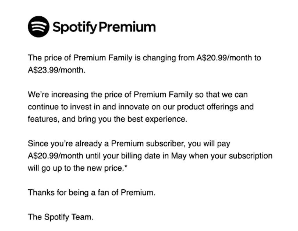 The email Aussies on a Spotify family plan received on Tuesday morning.
