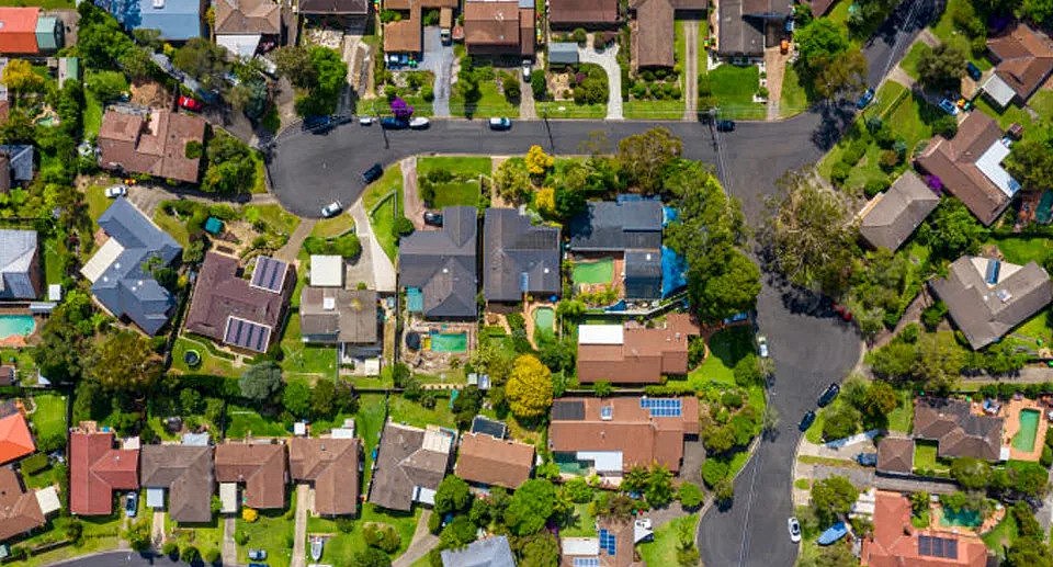 Ariel view of houses in an Australian suburb. 