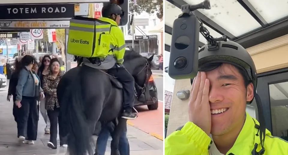 The Uber Eats horse stunt with Stanley Chen riding a black horse in Oxford Street in Sydney (left). Stanley Chen holds a hand to his face after receiving word he was banned. 