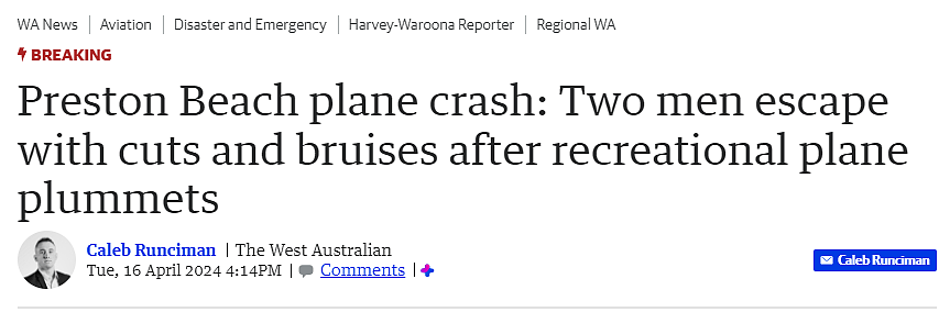 西澳突发坠机事故，两人受伤，机身撞毁严重（组图） - 1