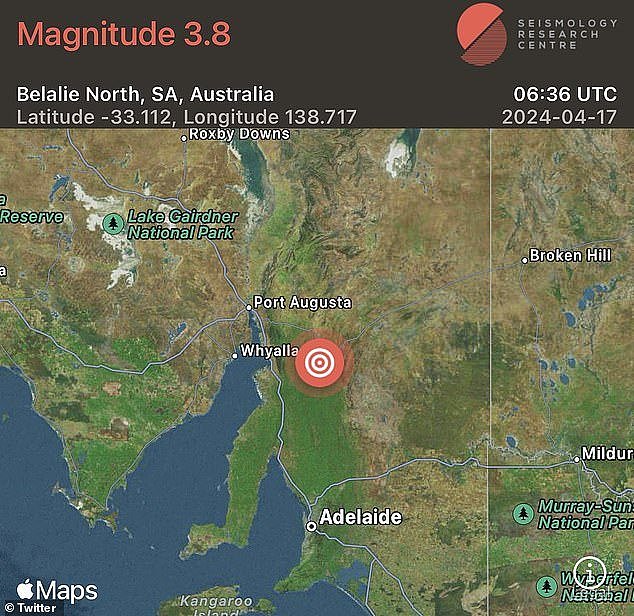 The 4.2 magnitude tremor hit Jamestown in the state's mid-north, around 200km north of Adelaide , just after 4pm on Wednesday (pictured)