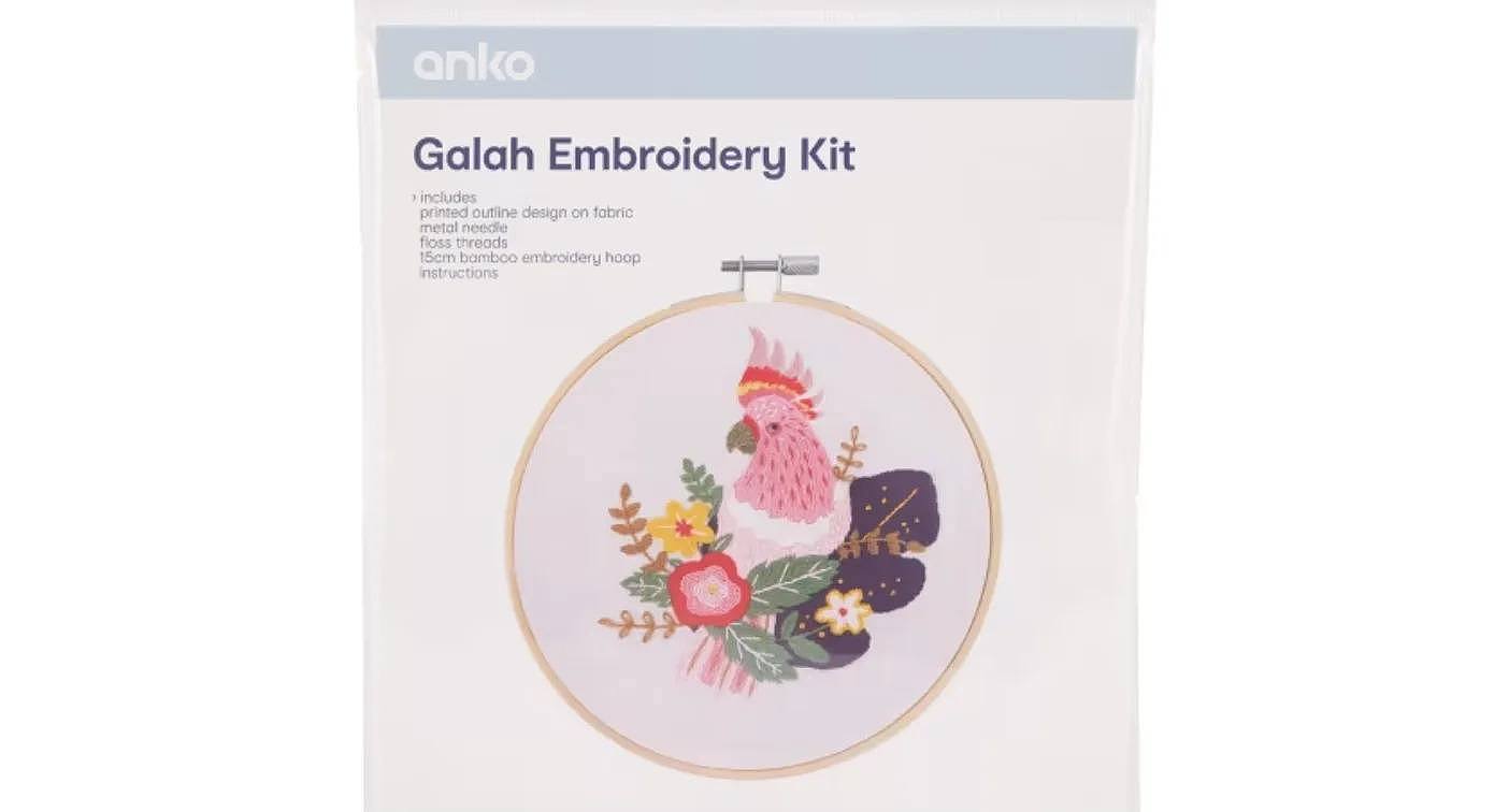 Image of the Anko embroidery kit from Kmart which states the design is of a Galah.