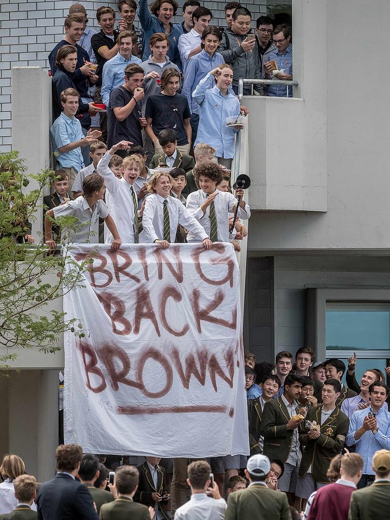 Trinity Grammar students staged a protest over the sacking of Mr Brown. Picture: Jake Nowakowski