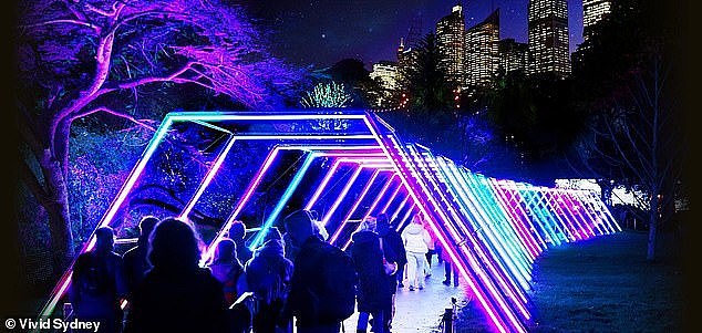 The light displays (pictured) will be set up across several places in the city and visitors will be able to access better vantage points in areas such as Barangaroo