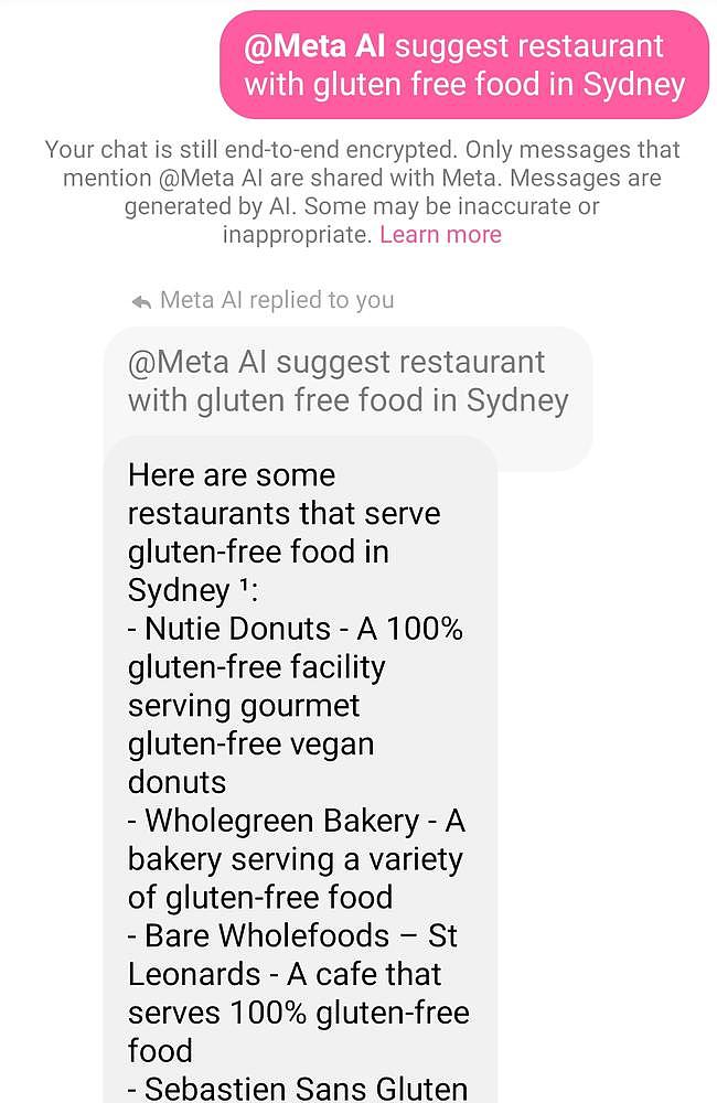 Meta AI's list of gluten free restaurants in Sydney.