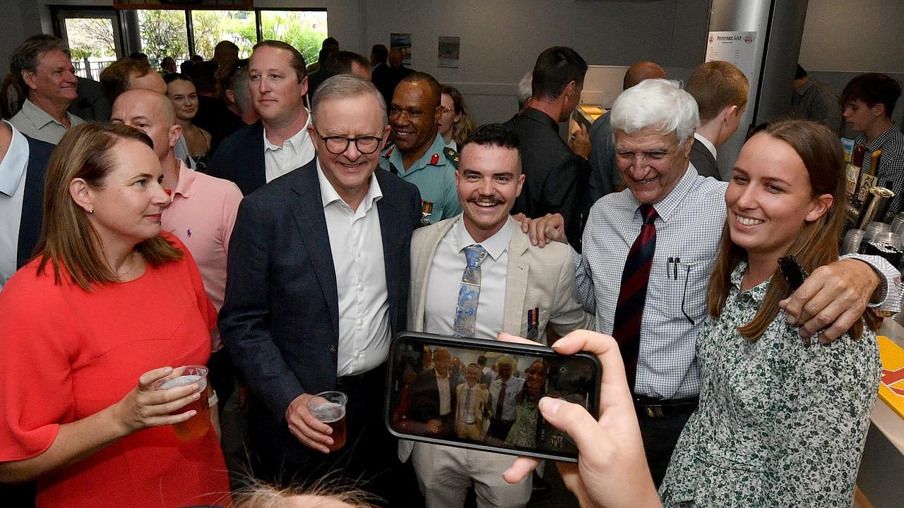 Senator Nita Green, Prime Minister Anthony Albanese and Member for Kennedy Bob Katter with patrons at Townsville RSL. Picture: Evan Morgan