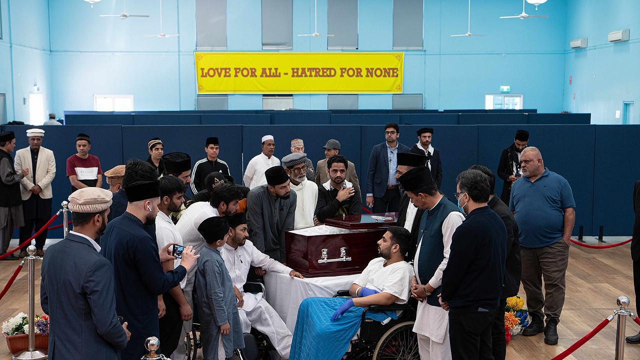 Mr Tahir’s coffin was brought to the Ahmadiyya mosque in Marsden Park. Picture: NCA NewsWire / Flavio Brancaleone