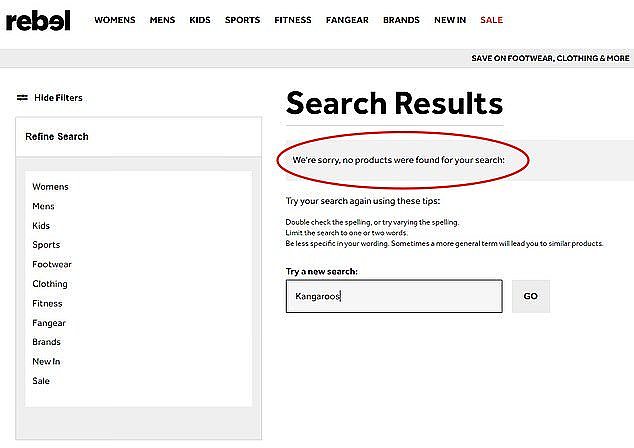 Clicking on the Kangaroos section of Rebel's online selection of NRL fan gear leads customers to the message: 'We're sorry, no products were found for your search'