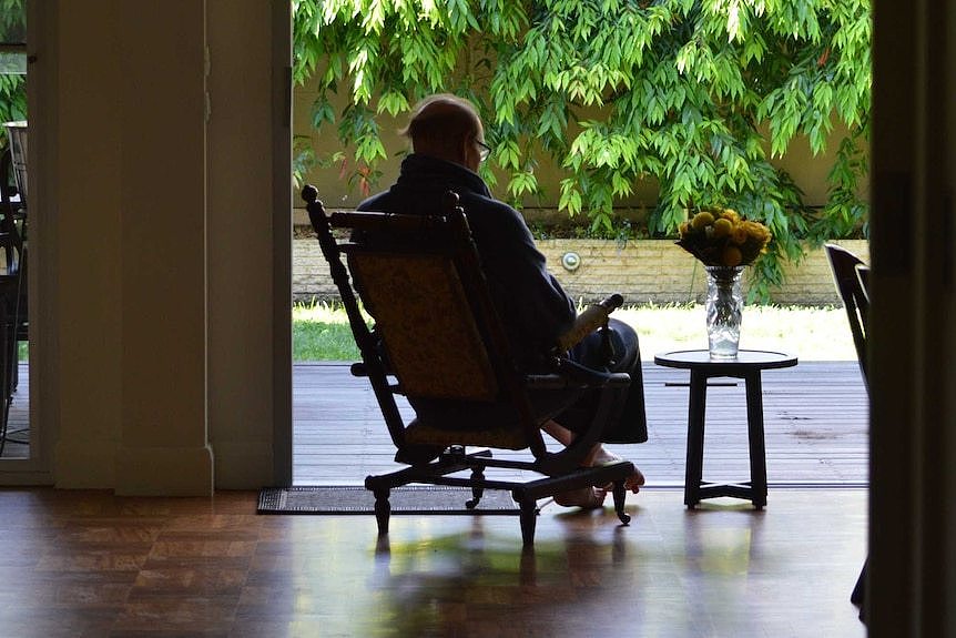 An elderly man in silhouette sitting in a chair looking at trees.