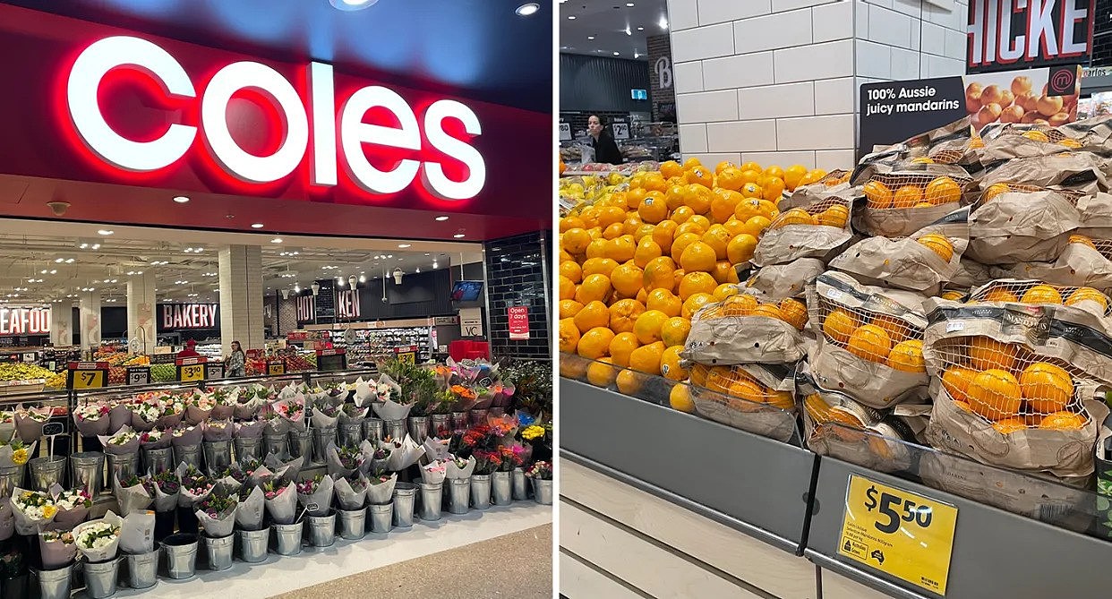 Left - the Coles Bondi Junction storefront in Westfield. Right - Fruit packaged in the new paper bags.