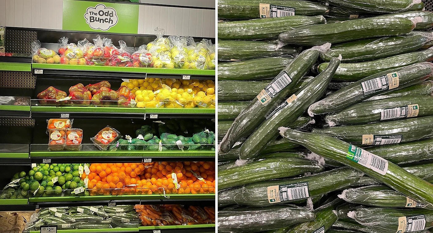 Vegetables at a Woolworths store that are covered in plastic.