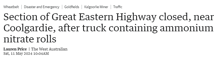 西澳出现卡车侧翻事故，高速发出危险品警告，司机、居民赶紧远离（组图） - 1