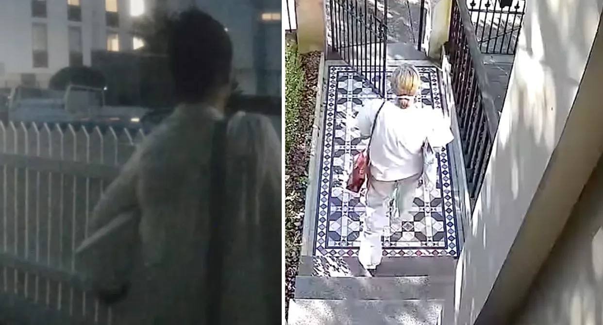 A woman holding a parcel under her arm while exiting a resident's yard in Manly (left) and another offender walking away with mail in Stanmore (right) as Australia Post warns people to report parcel thefts.