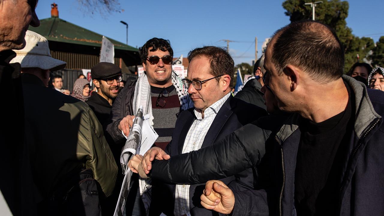 People attending the ALP Conference in Victoria were pushed and shoved as they made their way into Moonee Ponds Racecourse. Picture: NCA NewsWire / Diego Fedele