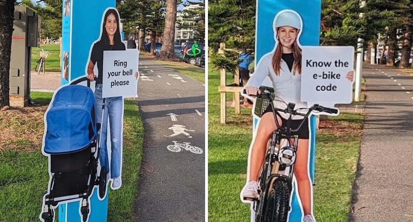 Signs aimed at e-bike users have sprung up along a shared pathway in a popular Sydney beachside suburb. Source: Facebook
