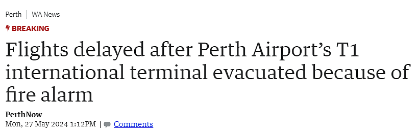 珀斯机场突发火警警报，航班延误（图） - 1