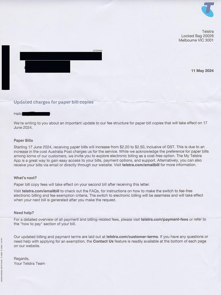 A memo was sent to current paper bill customers with Telstra. Picture: Supplied