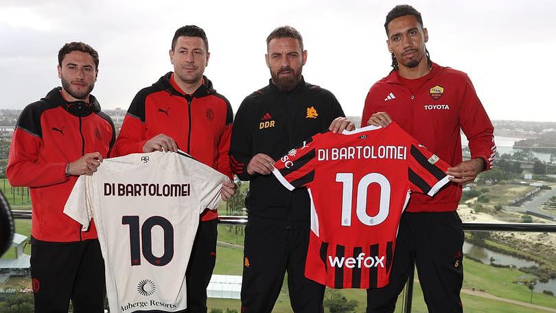 AC Milan and AS Roma have held a press conference along with WA tourism minister Rita Saffioti ahead of their friendly at Optus Stadium on Friday. Pictured - Davide Calabria (Milan captain), Daniele Bonera (Milan interim coach), Daniele De Rossi (Roma manager) and Chris Smalling (Roma captain) hold shirts to represent 30 years tomorrow since the death of Agostino Di Bartolomei at Burswood Justin Benson-Cooper