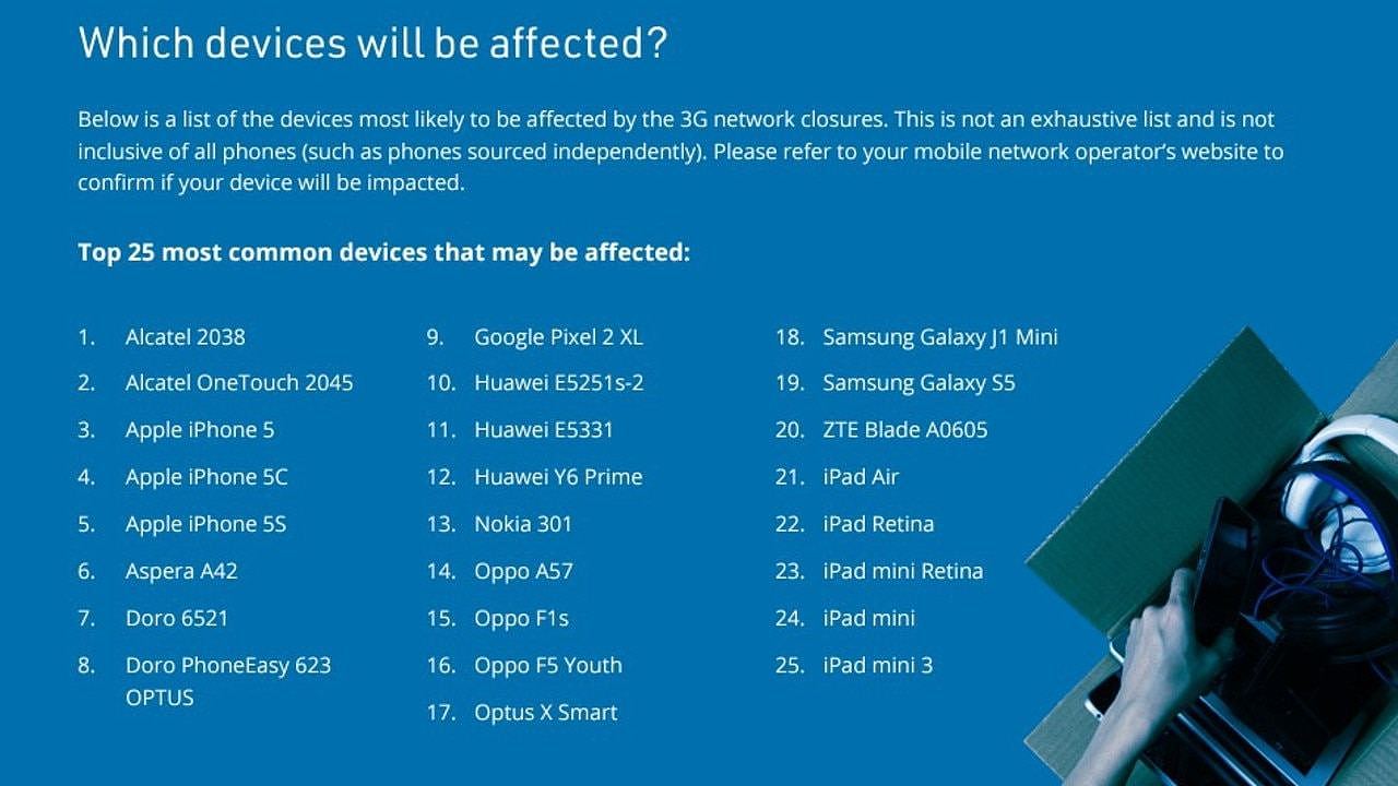 可能受 3G 网络关闭影响的移动和平板设备列表。图片：AMTA