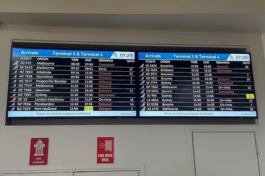Perth airport board showing cancelled flights