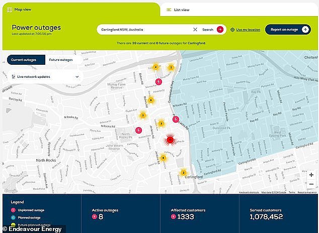 The Endeavour Energy map shows the cluster of outages in Sydney's West in the City of Parramatta region
