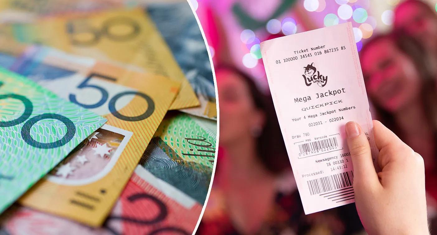 Left: Pile of Australian money Right: Hand holding Lucky Lotteries mega Jackpot  ticket. 