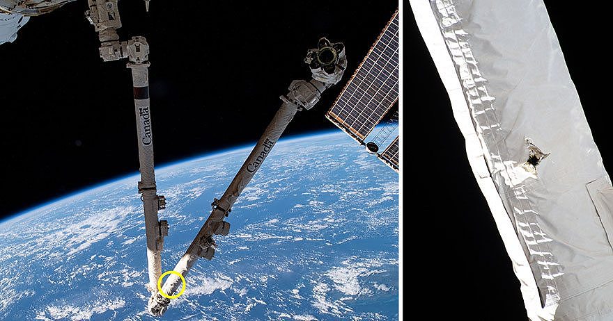一块太空垃圾撞击国际空间站机械臂造成的损伤。