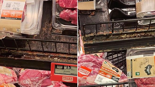 The shopper was disgusted to see the dirty build-up of old debris and juices on the shelves in the meat section. 