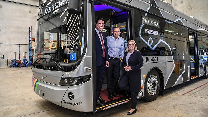 GEN Federal MP Patrick Gorman, Premier Roger Cook and Treasurer Rita Saffioti tour the Volgren factory in Malaga where new electric buses are being put together. 