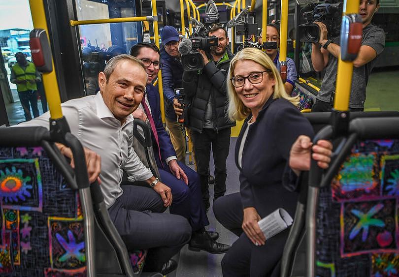Premier Roger Cook, federal MP Patrick Gorman and Transport Minister Rita Saffioti tour the Volgren factory in Malaga where new elecrtic buses are being put together. 