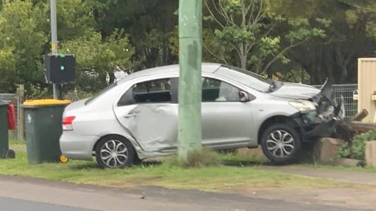 The driver flew off the bend at high speed before crashing into the road blocks and electrical pole, April 2023. Picture: Facebook